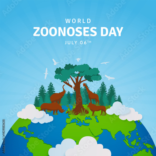 World Zoonoses Day July 06th with animal birds and globe illustration on sun burst background
