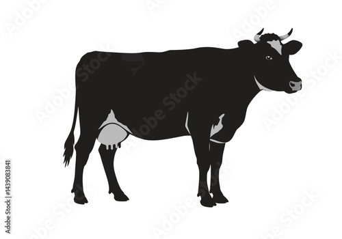 Dairy Cow Silhouette. This image shows a black silhouette of a dairy cow, also referred to as milk cattle or bovine, with visible udder detail. Vector clipart illustration design.