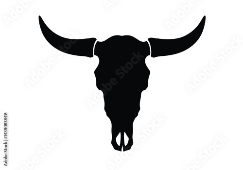 Cattle Cow Skull Silhouette. This image shows a black silhouette of a cattle cow skull with large horns, often used in Western-themed designs. Vector clipart illustration design.