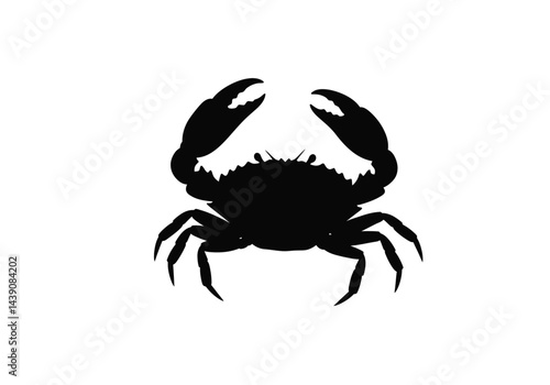 Crab Silhouette. This image shows a black silhouette of a crab with prominent claws and legs, also referred to as a crustacean outline or marine animal. Vector clipart illustration design.