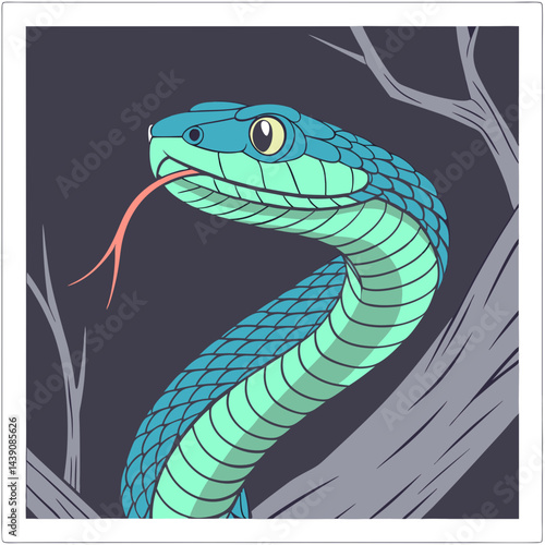 Vibrant green and blue viper snake perched on a branch with a forked tongue
