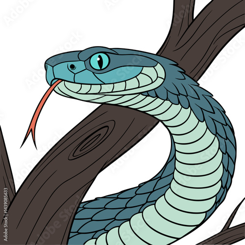 Vibrant green and blue viper snake perched on a branch with a forked tongue