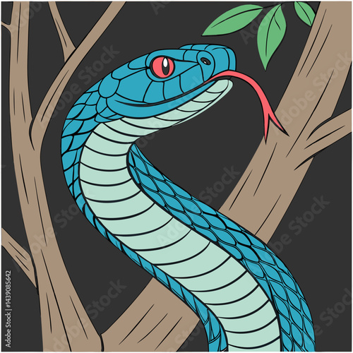 Vibrant green and blue viper snake perched on a branch with a forked tongue