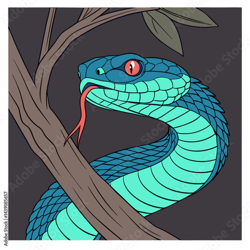Vibrant green and blue viper snake perched on a branch with a forked tongue