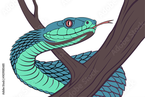 Vibrant green and blue viper snake perched on a branch with a forked tongue