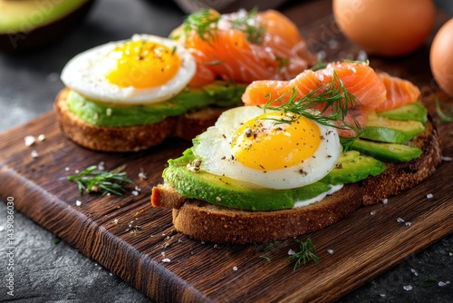 Avocado toast topped with smoked salmon and egg perfect for a nutritious breakfast or gourmet dish