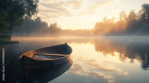 Serene sunrise lake boat calm water reflection