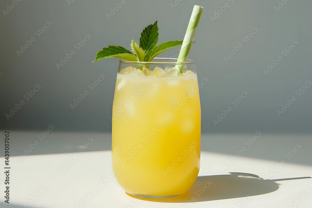 Fototapeta premium Glass full of cold pineapple juice with green leaves and straw placed on sunlit table against gray background.