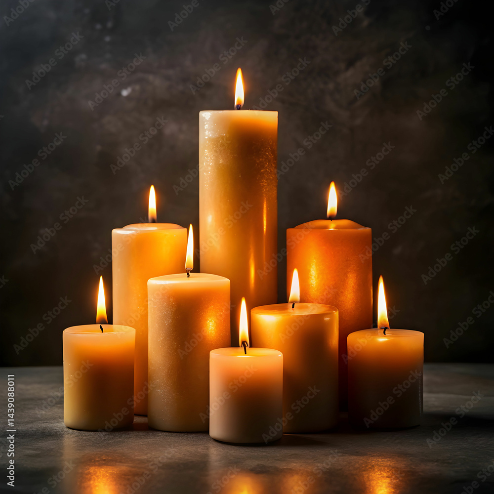 front view of burning candles on a dark surface front view of burning candles on a dark surface