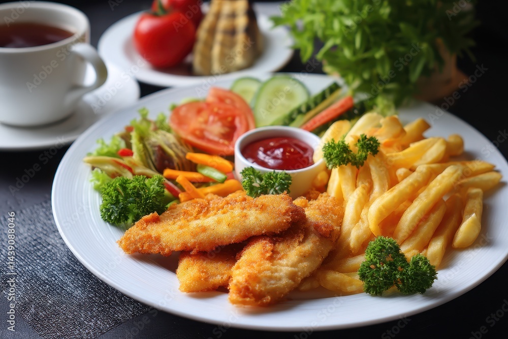 Battered fish accompanied by fries and assorted veggies Battered fish accompanied by fries and assorted veggies
