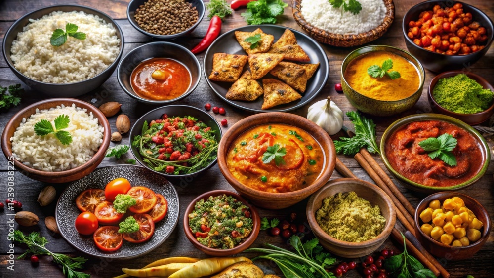 Aromatic Spiced Dishes, Savory Curries, and Fragrant Rice Bowls Arranged on Rustic Wooden Surface Aromatic Spiced Dishes, Savory Curries, and Fragrant Rice Bowls Arranged on Rustic Wooden Surface