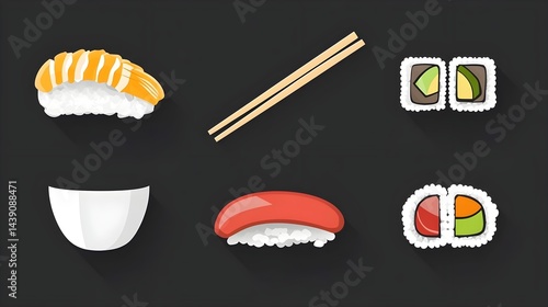 Sushi preparation process kitchen digital art minimalist overhead view culinary creativity