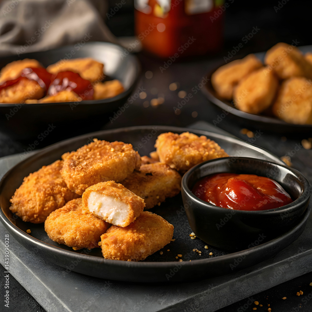 delicious chicken nuggets and ketchup in black plate delicious chicken nuggets and ketchup in black plate