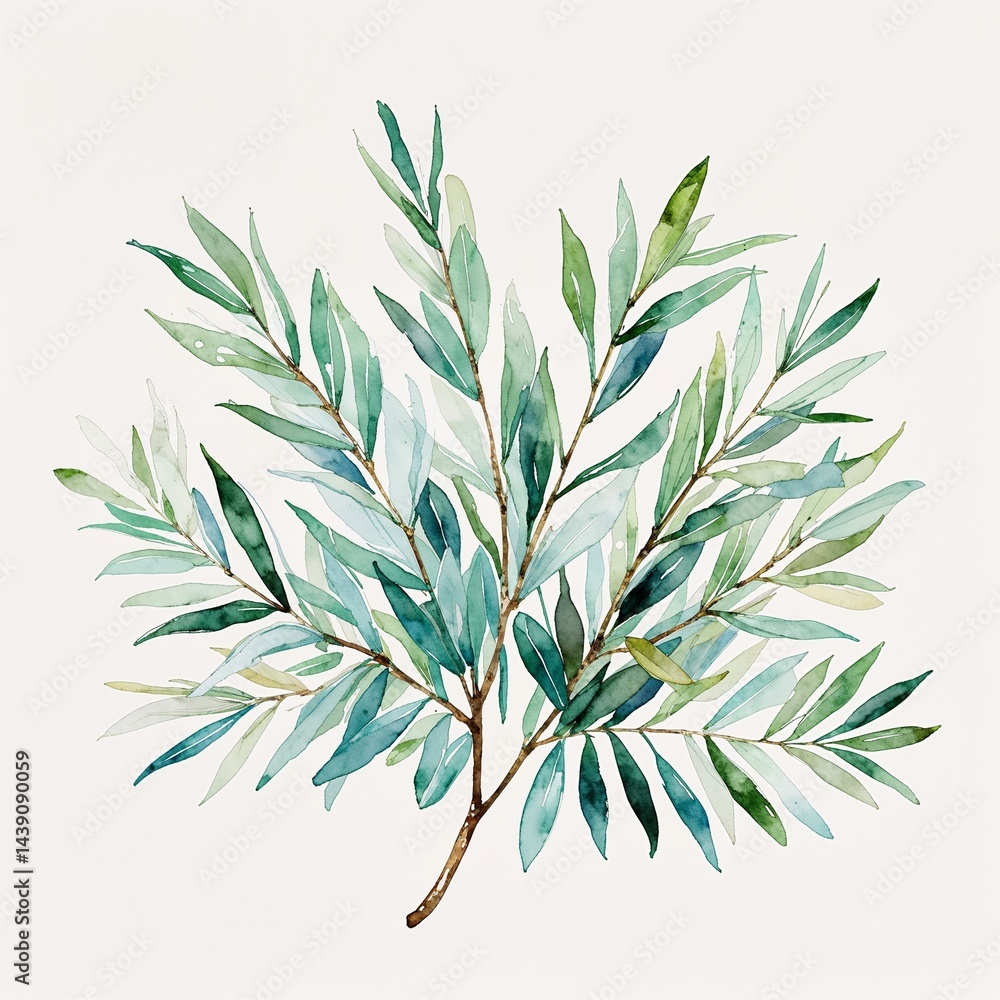 Fototapeta premium White olive leaf watercolor art painting design on plain white background illustration