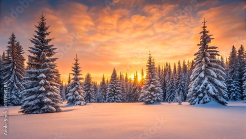 Wallpaper Mural Serene Winter Landscape with Snow-Covered Trees and Vibrant Sunset Glow Over Horizon Torontodigital.ca