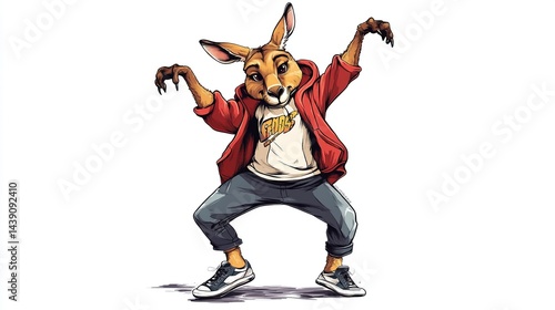 Dancing kangaroo cartoon character in casual wear.