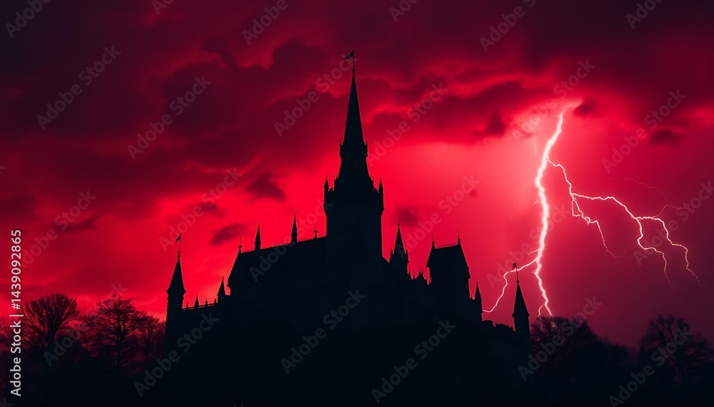 Fototapeta premium Silhouetted Castle Under a Crimson Storm: A Dramatic Gothic Image
