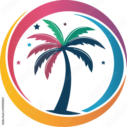lustration of a multicolour palm tree logo inside a multicolour circle background .