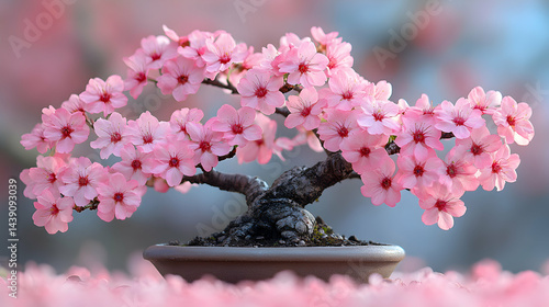 Exquisite pink cherry blossom bonsai tree in a brown pot, delicate flowers, serene nature scene.