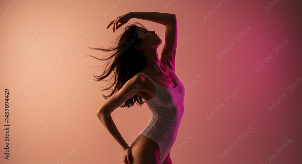 Elegant Woman Posing with Arms Raised Against a Gradient Peach to Rose Color Backdrop in Studio Lighting Elegant Woman Posing with Arms Raised Against a Gradient Peach to Rose Color Backdrop in Studio Lighting