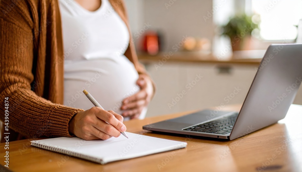 A pregnant woman takes notes at a table with a laptop, suggesting remote work or planning from home. A pregnant woman takes notes at a table with a laptop, suggesting remote work or planning from home.