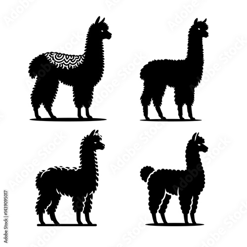 Alpaca Silhouette Animal Logo Vector for Farm Wool Industry Graphic Branding Template Isolated Illustration with Cute Standing South American Wildlife Mammal Furry Minimal Black Outline Icon Design