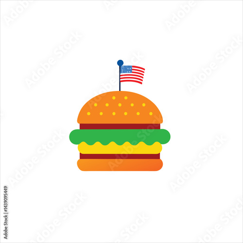 A cartoon burger with lettuce cheese and meat topped with an american flag on top