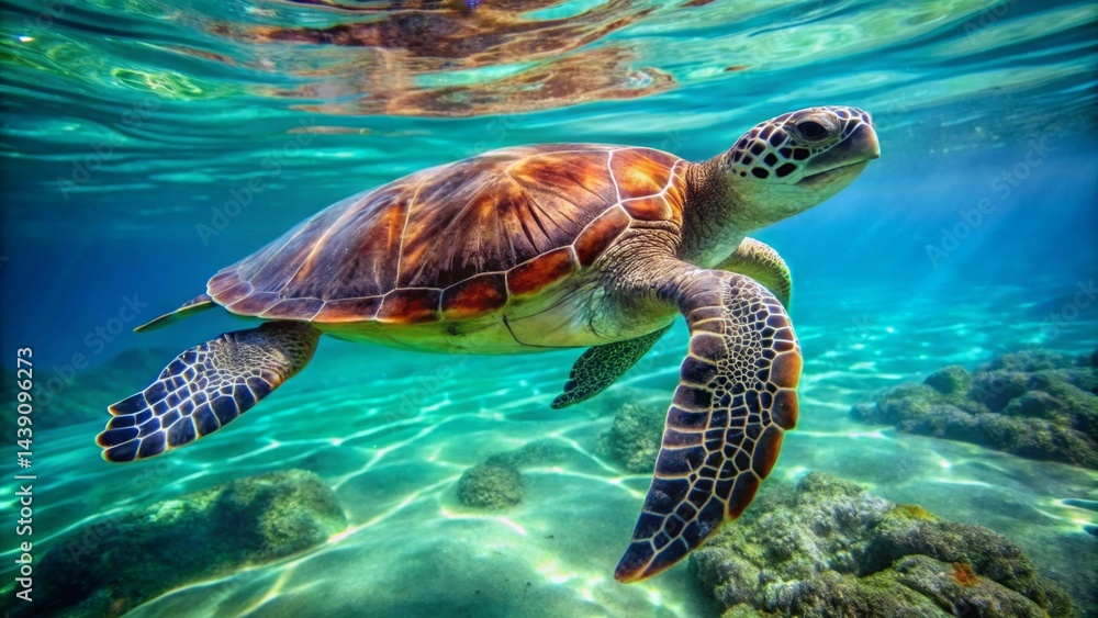 Fototapeta premium Graceful Sea Turtle Gliding Through Crystal-Clear Waters, Sunlight Dappling the Ocean Floor
