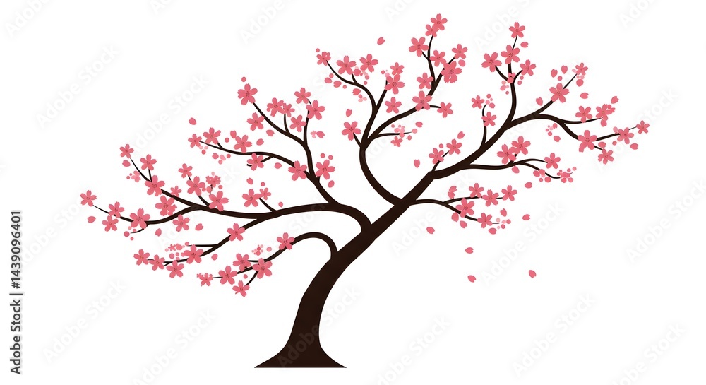 Fototapeta premium Stylized Cherry Blossom Tree with Pink Flowers and Branch Illustration