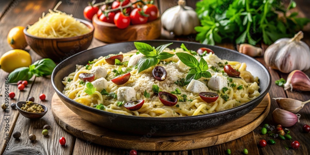 Aromatic Creamy Pasta Dish with Cherry Tomatoes, Fresh Basil, and Mozzarella Cheese Aromatic Creamy Pasta Dish with Cherry Tomatoes, Fresh Basil, and Mozzarella Cheese