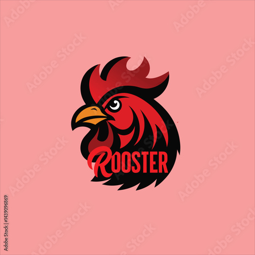 A stylized rooster head with red comb and black outline on a light pink background