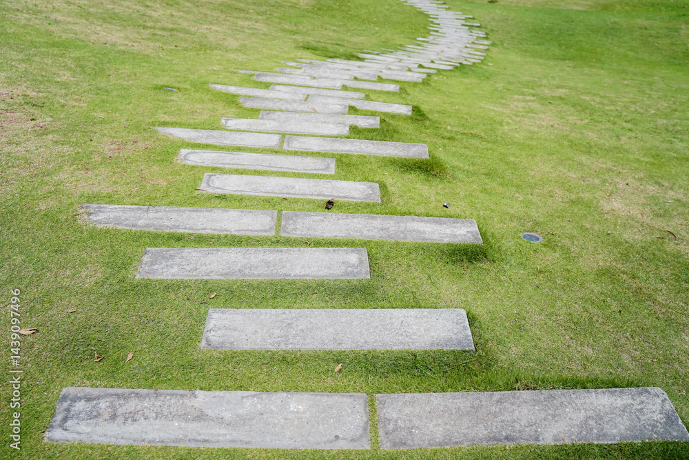 Detail of garden path with stone slabs with green lawn. Landscaping and gardening concept.