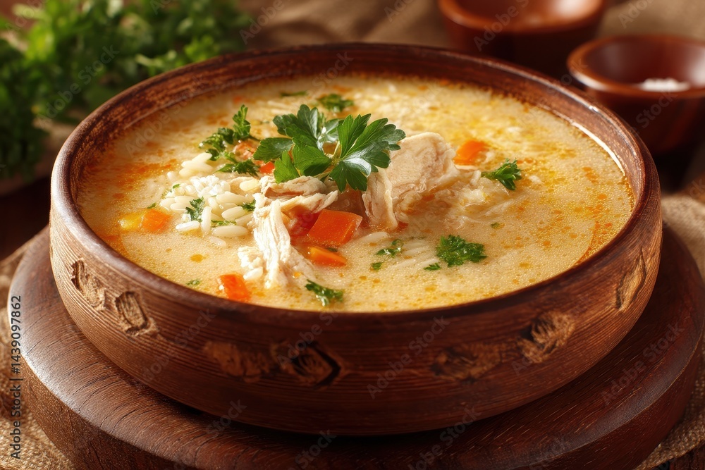 Close up of a bowl of homemade puree soup with pastina chicken veggies and cheese on a wooden board Close up of a bowl of homemade puree soup with pastina chicken veggies and cheese on a wooden board