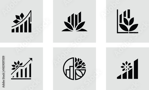 Economics graphic chart logo with floral decoration stylish vector art set design