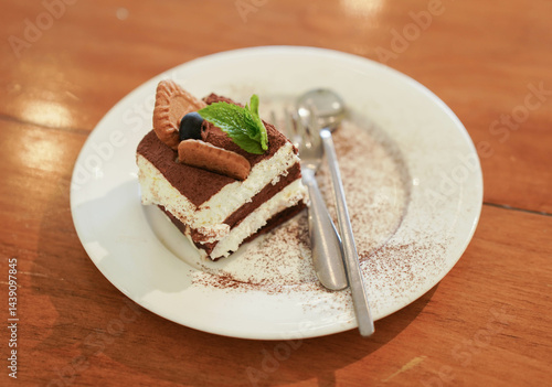 Tiramisu cake with mint leaf on wooden table