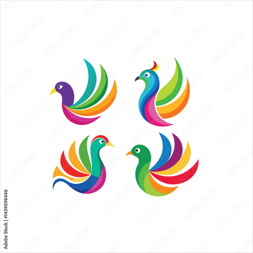 Four colorful bird logos arranged in a square on a white background design Four colorful bird logos arranged in a square on a white background design