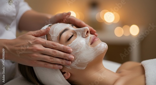 Woman Receiving Facial Mask Treatment in Spa with Soft Lighting and Shallow Depth of Field for Skincare and Wellness Concepts