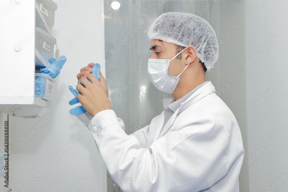 Food technician putting on sterile gloves in a small bottling plant, ensuring hygiene and safety standards Food technician putting on sterile gloves in a small bottling plant, ensuring hygiene and safety standards