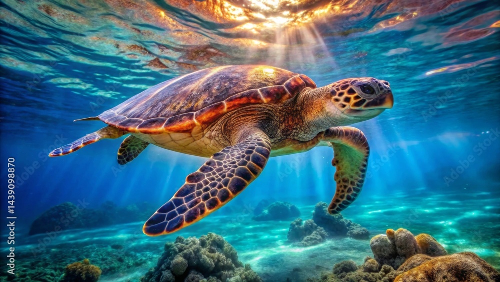 Obraz premium Majestic Sea Turtle Gracefully Navigating a Vibrant Coral Reef Ecosystem Underneath Sunlit Ocean Waters