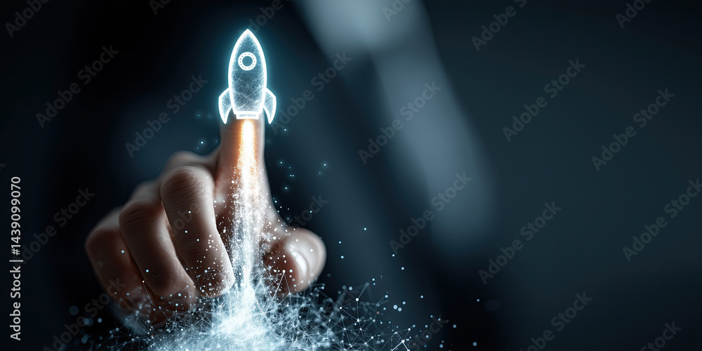 Obraz premium Businessman touching rocket launching hologram, innovation, technology, startup, futuristic