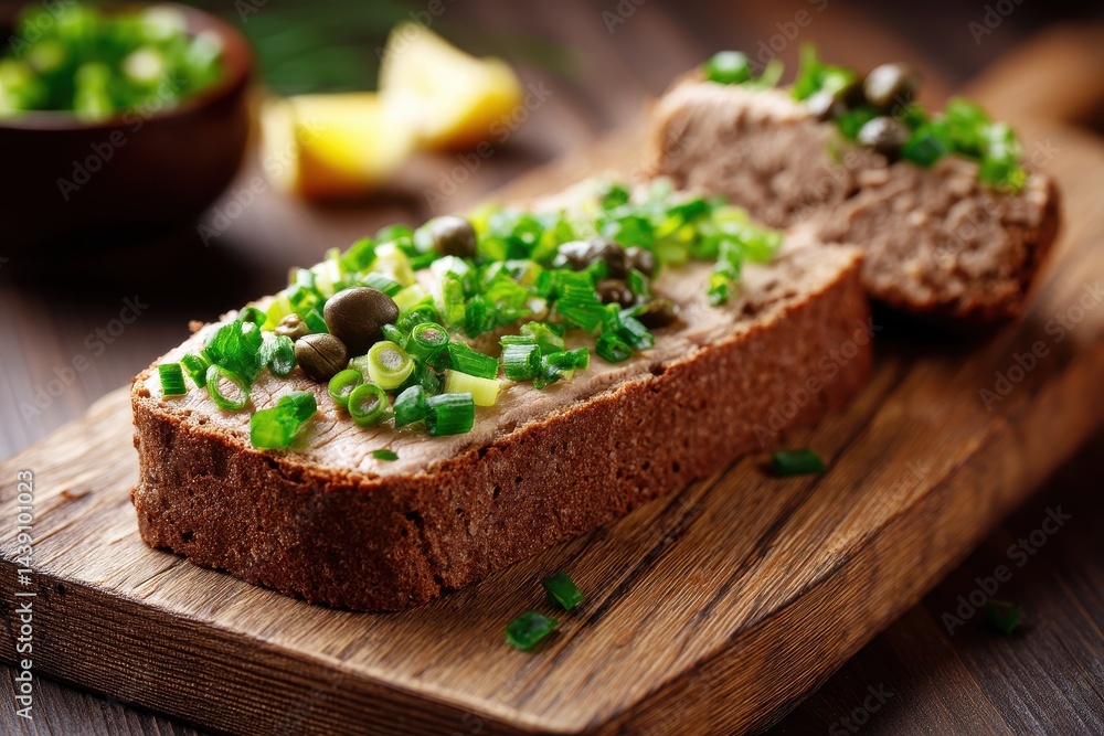 Close up of healthy rye bread topped with canned cod liver capers and green onions on a cutting board Close up of healthy rye bread topped with canned cod liver capers and green onions on a cutting board
