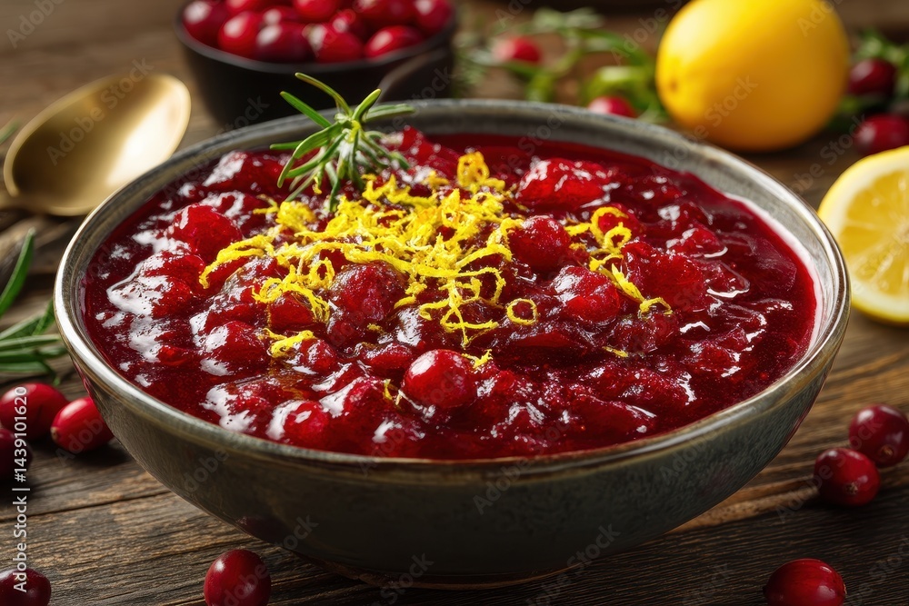 Closeup of a bowl of flavorful cranberry sauce with citrus zest on the table Closeup of a bowl of flavorful cranberry sauce with citrus zest on the table