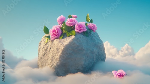 Rock adorned with vibrant pink roses floating serenely amongst soft clouds and blue sky
