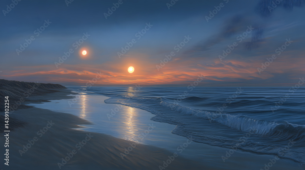 Fototapeta premium Serene beach at sunset with dual suns illuminating the calm waves, creating a tranquil atmosphere for relaxation