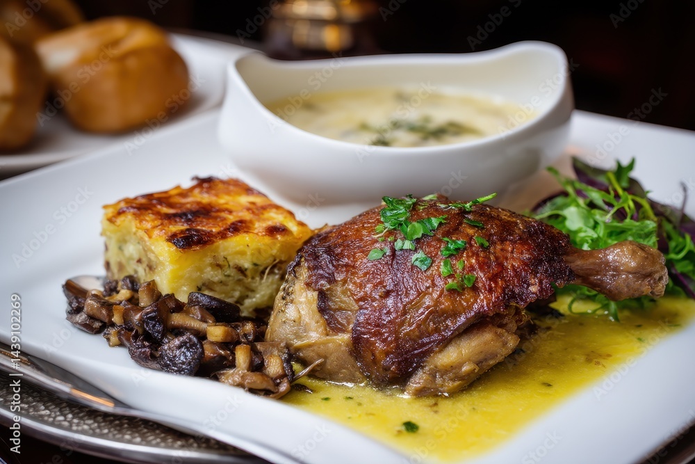 Confit duck legs with potato gratin and mushroom sauce Restaurant offering Confit duck legs with potato gratin and mushroom sauce Restaurant offering