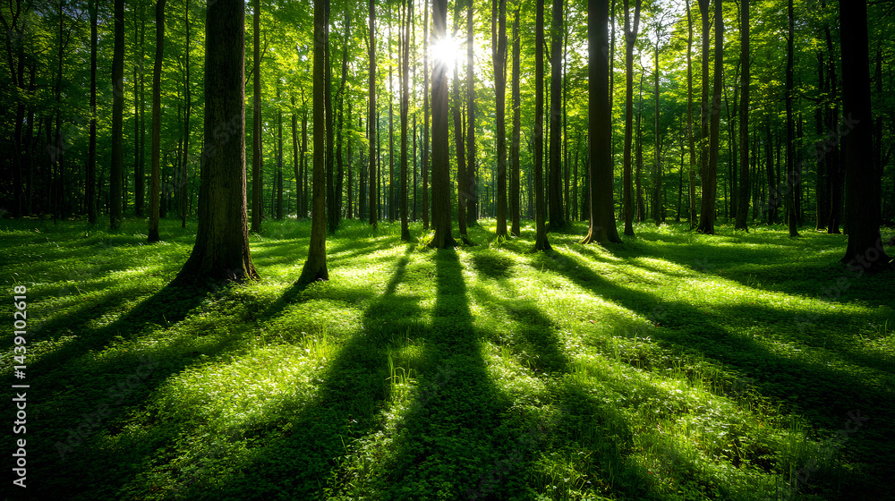 Naklejka premium Serene forest scene with sunlight filtering through tall trees, casting shadows on lush green grass, creating a tranquil atmosphere
