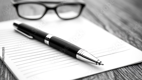 Wallpaper Mural Monochrome Study: Pen Resting on Lined Paper with Glasses in Soft Focus Torontodigital.ca