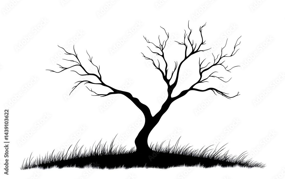 Fototapeta premium Bare Tree Silhouette on Grassy Mound. Black and White Vector Illustration. with Branches and Graphic and Design