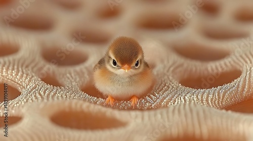 Tiny feathered fledgling perched defensively on a honeycombed surface