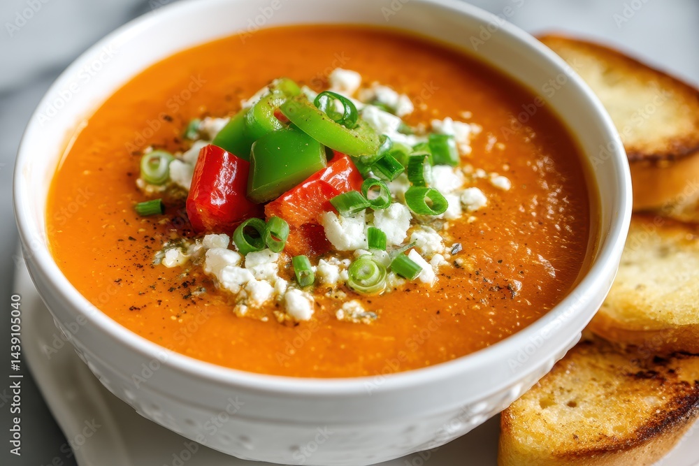Creamy bell pepper and tomato soup topped with goat cheese green onions and pepper Creamy bell pepper and tomato soup topped with goat cheese green onions and pepper
